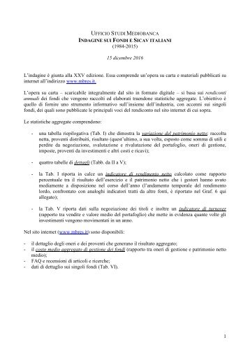 UFFICIO STUDI MEDIOBANCA INDAGINE FONDI SICAV