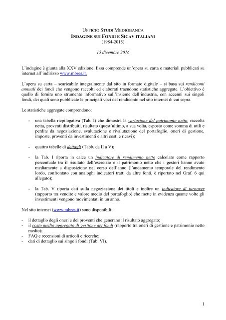 UFFICIO STUDI MEDIOBANCA INDAGINE FONDI SICAV