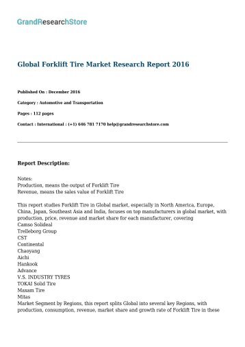 Global Forklift Tire Market by Applications (Electric forklift, Diesel forklift) Research Report 2016