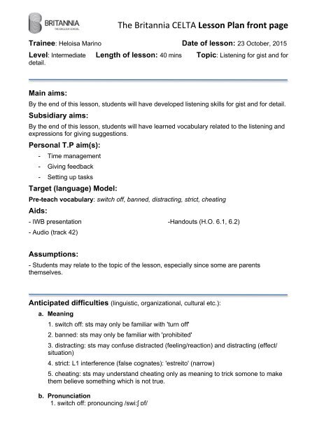 CELTA Skills Lesson Plan Sample