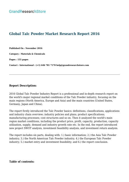 Global Talc Powder Market By Countries (United States, Germany, Japan,China) Research Report 2016