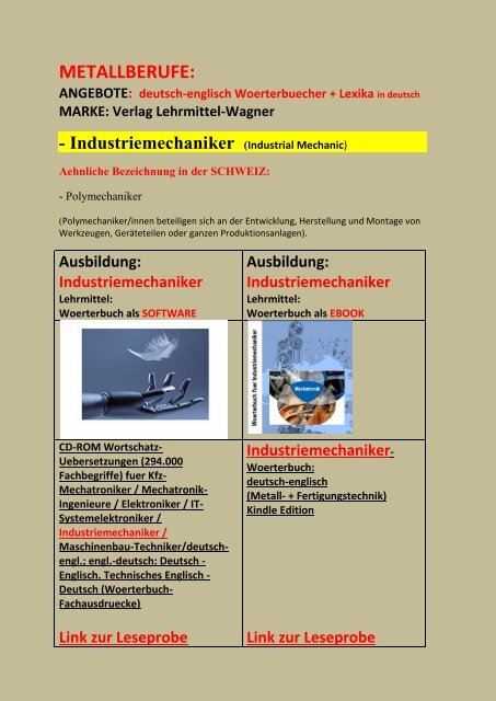 Neuerscheinungen-Metallberufe: Woerterbuecher-Leseproben in deutsch-englisch + deutsches Lexikon
