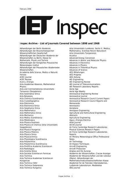 Inspec Archive - List of Journals Covered between 1898 and 1968