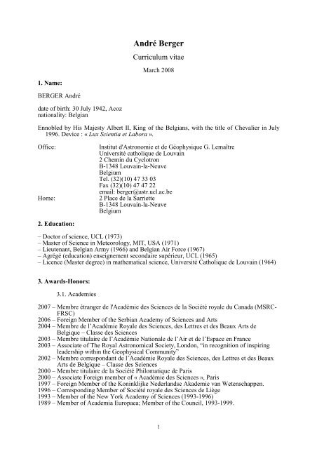 Cv D Andre Berger Academie Royale De Belgique