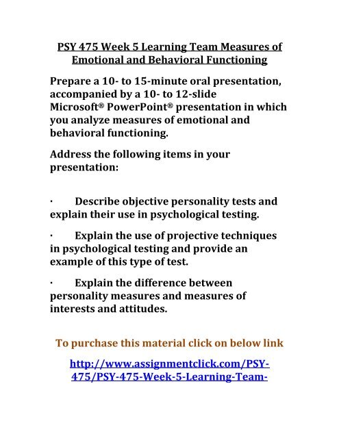 UOP PSY 475 Week 5 Learning Team Measures of Emotional and Behavioral ...