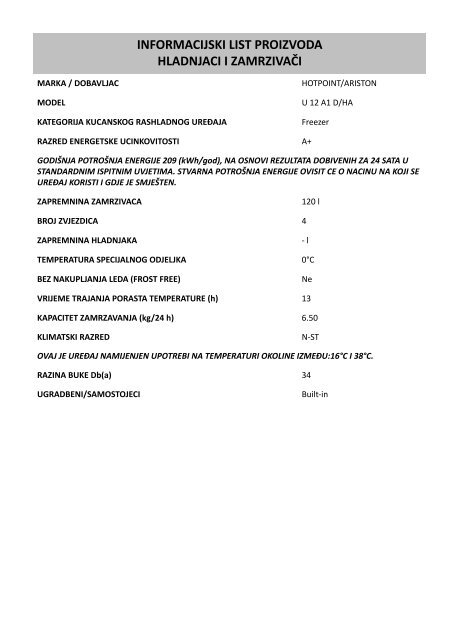 KitchenAid U 12 A1 D/HA - Freezer - U 12 A1 D/HA - Freezer HR (F093760) Fiche produit