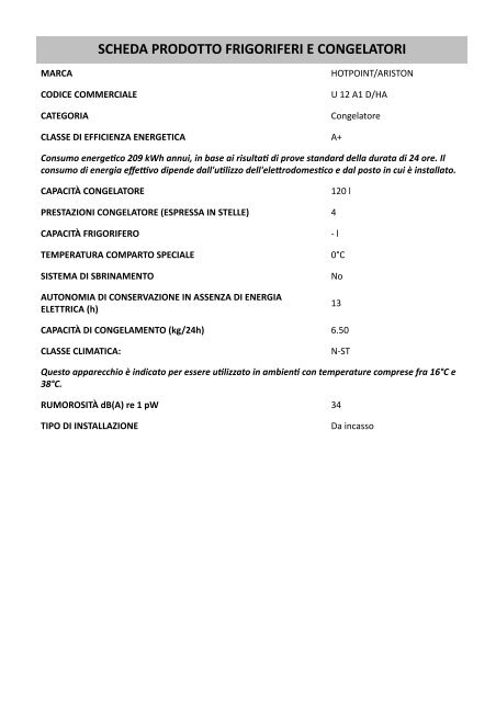 KitchenAid U 12 A1 D/HA - Freezer - U 12 A1 D/HA - Freezer IT (F093760) Fiche produit