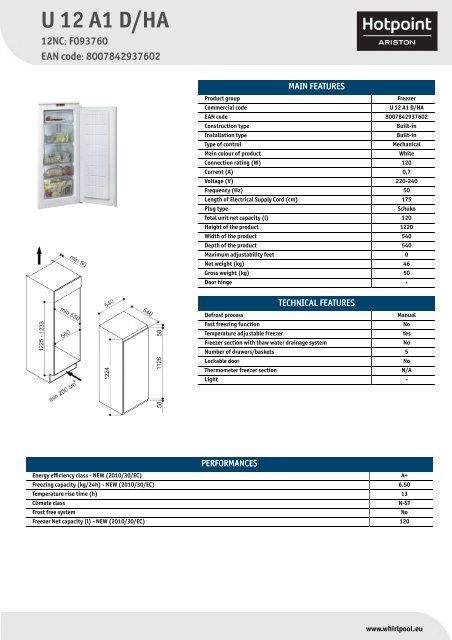 KitchenAid U 12 A1 D/HA - Freezer - U 12 A1 D/HA - Freezer EN (F093760) Informations produit