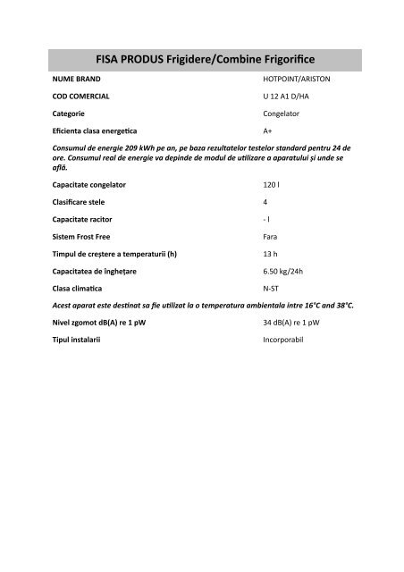 KitchenAid U 12 A1 D/HA - Freezer - U 12 A1 D/HA - Freezer RO (F093760) Fiche produit