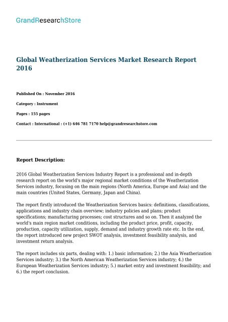 Global Weatherization Services Market by Countries (United States, Germany, Japan) Research Report 2016