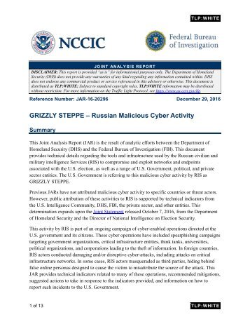 GRIZZLY STEPPE – Russian Malicious Cyber Activity