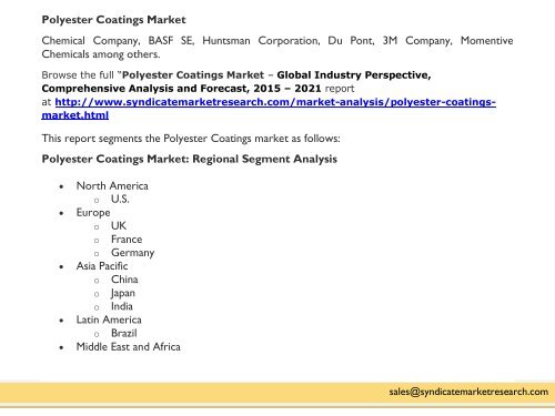 Polyester Coatings Market, 2015-2021