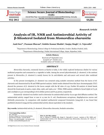 Analysis of IR, NMR and Antimicrobial Activity of β-Sitosterol Isolated ...