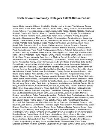 North Shore Community College’s Fall 2016 Dean’s List