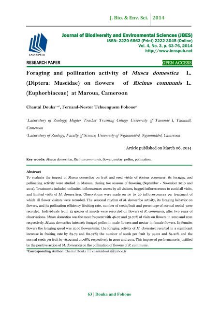 Foraging and pollination activity of Musca domestica L. (Diptera: Muscidae) on flowers of Ricinus communis L. (Euphorbiaceae) at Maroua, Cameroon