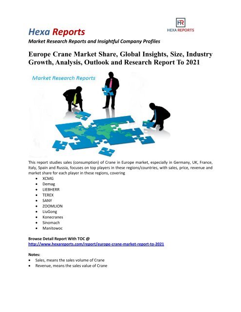 Europe Crane Market Share, Industry Growth And Outlook To 2021: Hexa Reports