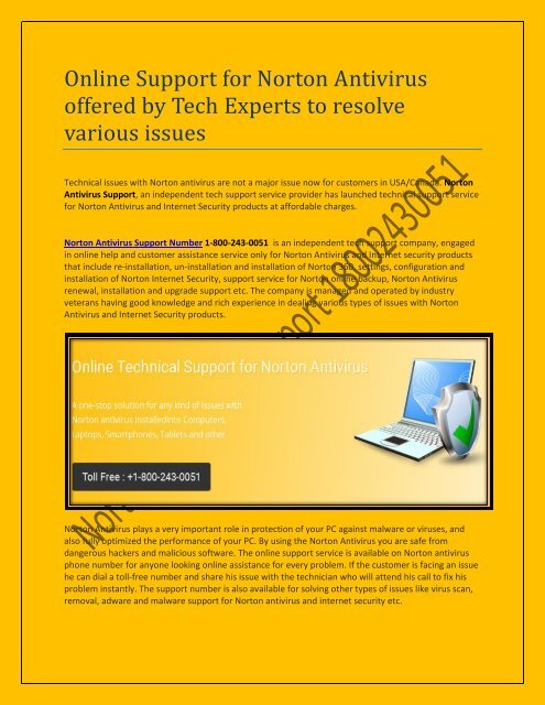 Online Support for Norton Antivirus offered by Tech Experts to resolve various issues