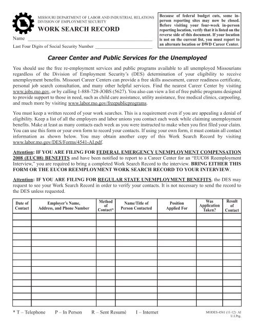 Work Search Record - Missouri Department of Labor & Industrial ...