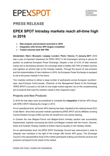 PRESS RELEASE EPEX SPOT Intraday markets reach all-time high in 2016