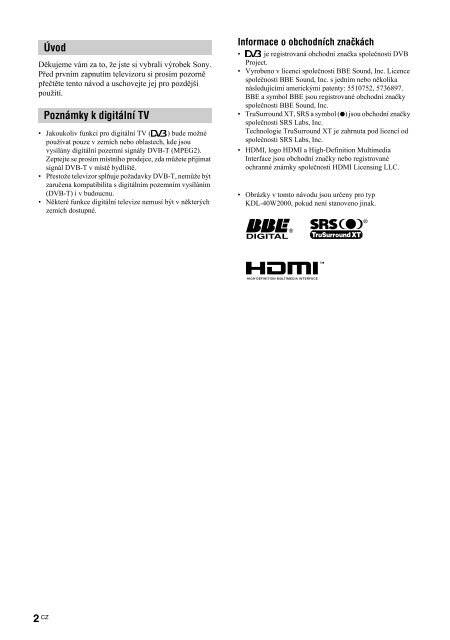 Sony KDL-46W2000 - KDL-46W2000 Istruzioni per l'uso Ceco