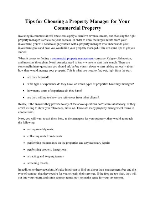 Tips for Choosing a Property Manager for Your Commercial Property