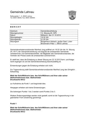 Bericht zur Sitzung der Gemeindevertretung am 31.10.2012 - Lahnau