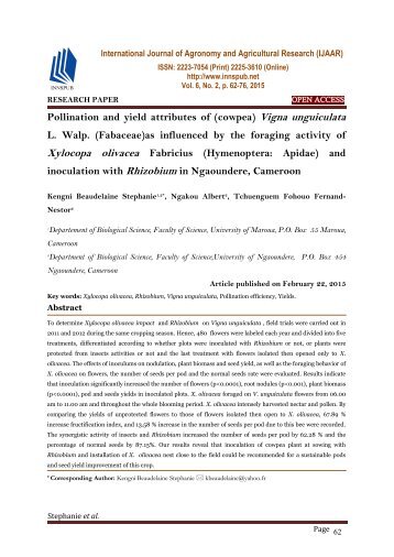 Pollination and yield attributes of (cowpea) Vigna unguiculata L. Walp. (Fabaceae)as influenced by the foraging activity of Xylocopa olivacea Fabricius (Hymenoptera: Apidae) and inoculation with Rhizobium in Ngaoundere, Cameroon