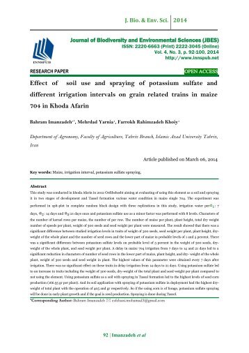 Effect of soil use and spraying of potassium sulfate and different irrigation intervals on grain related trains in maize 704 in Khoda Afarin