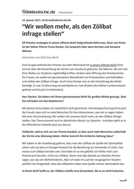 Katholische Kirche - _Wir wollen mehr, als den Zölibat infrage stellen_ - Süddeutsche