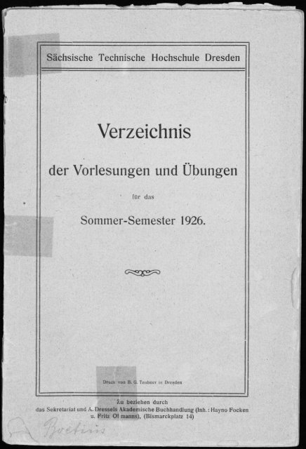 Verzeichnis der Vorlesungen und Übungen für das Sommer-Semester 1926