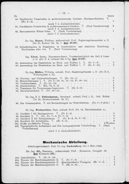 Verzeichnis der Vorlesungen und Übungen für das Sommer-Semester 1926