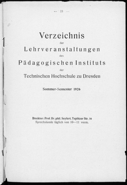 Verzeichnis der Vorlesungen und Übungen für das Sommer-Semester 1926