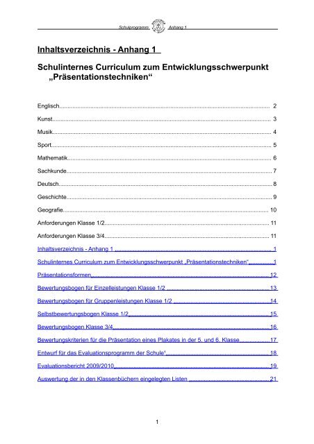 Inhaltsverzeichnis - Anhang 1 Schulinternes Curriculum zum ...