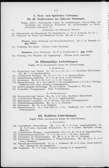 Verzeichnis der Vorlesungen und Übungen, Stunden- und Studienpläne Sommersemester 1930