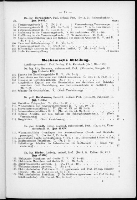 Verzeichnis der Vorlesungen und Übungen, Stunden- und Studienpläne Sommersemester 1930