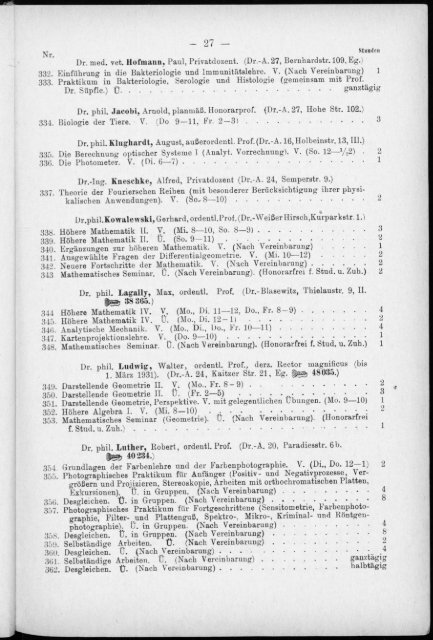 Verzeichnis der Vorlesungen und Übungen, Stunden- und Studienpläne Sommersemester 1930