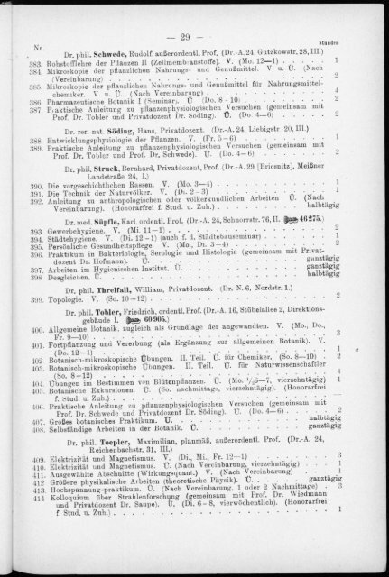 Verzeichnis der Vorlesungen und Übungen, Stunden- und Studienpläne Sommersemester 1930