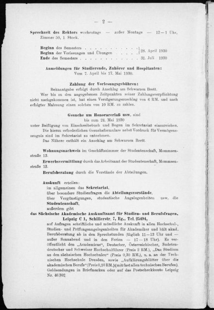 Verzeichnis der Vorlesungen und Übungen, Stunden- und Studienpläne Sommersemester 1930