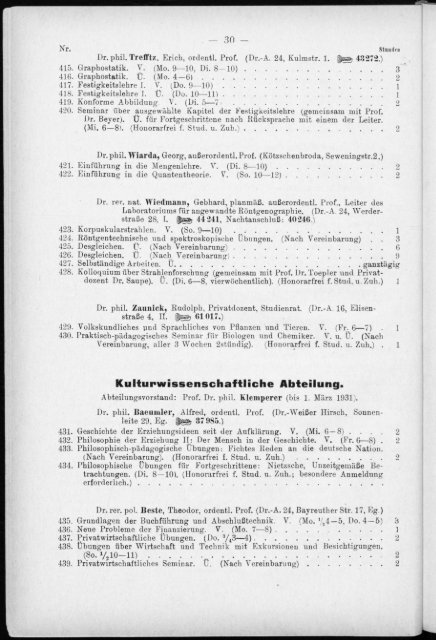 Verzeichnis der Vorlesungen und Übungen, Stunden- und Studienpläne Sommersemester 1930