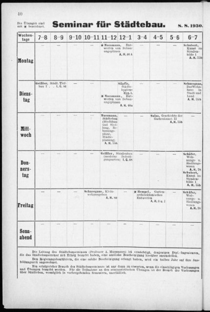 Verzeichnis der Vorlesungen und Übungen, Stunden- und Studienpläne Sommersemester 1930