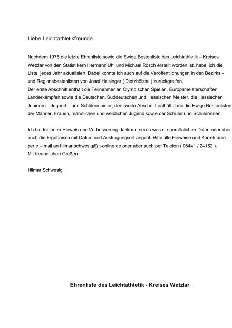 Ehrenliste des Leichtathletik - Kreises Wetzlar - des HLV-Kreis-Wetzlar