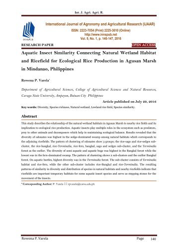 Aquatic Insect Similarity Connecting Natural Wetland Habitat and Ricefield for Ecological Rice Production in Agusan Marsh in Mindanao, Philippines - IJAAR