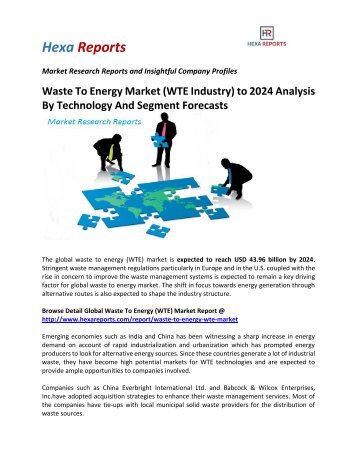Waste To Energy Market (WTE Industry) to 2024 Analysis By Technology And Segment Forecasts