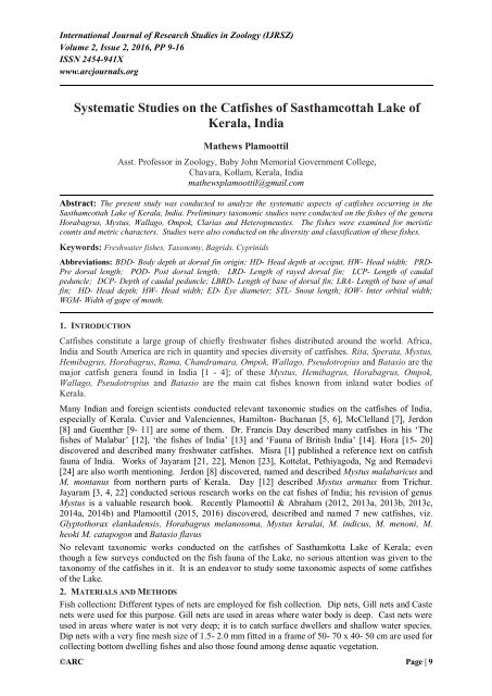 systematic studies on the catfishes of Sasthamcotta