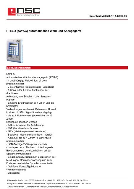 I-TEL 3 (AWAG) automatisches Wähl und Ansagegerät