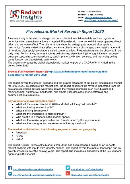 Piezoelectric Market Trends, Share And Forecast Report 2020 : Radiant Insights,Inc