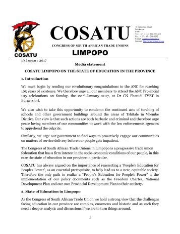 Media Statement - COSATU Limpopo comprehensive statement on the state of education in Limpopo