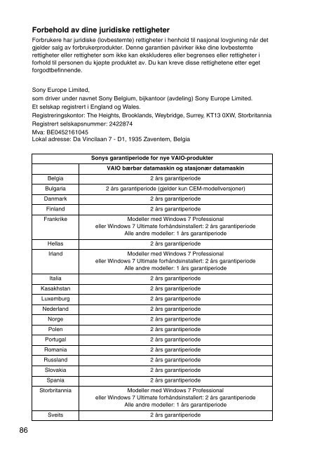Sony VPCCA3C5E - VPCCA3C5E Documenti garanzia Norvegese