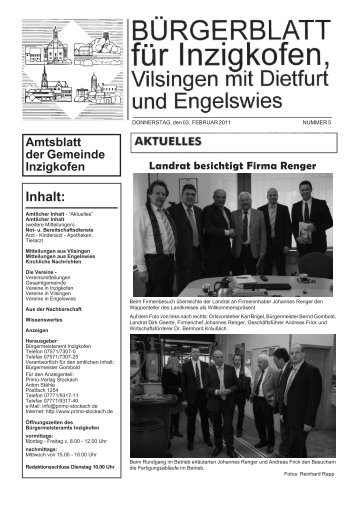 Amtsblatt der Gemeinde Inzigkofen Inhalt