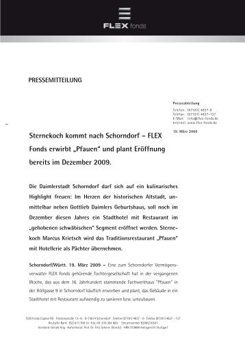 „Pfauen“ und plant Eröffnung bereits im Dezember 2009. - Flex Fonds